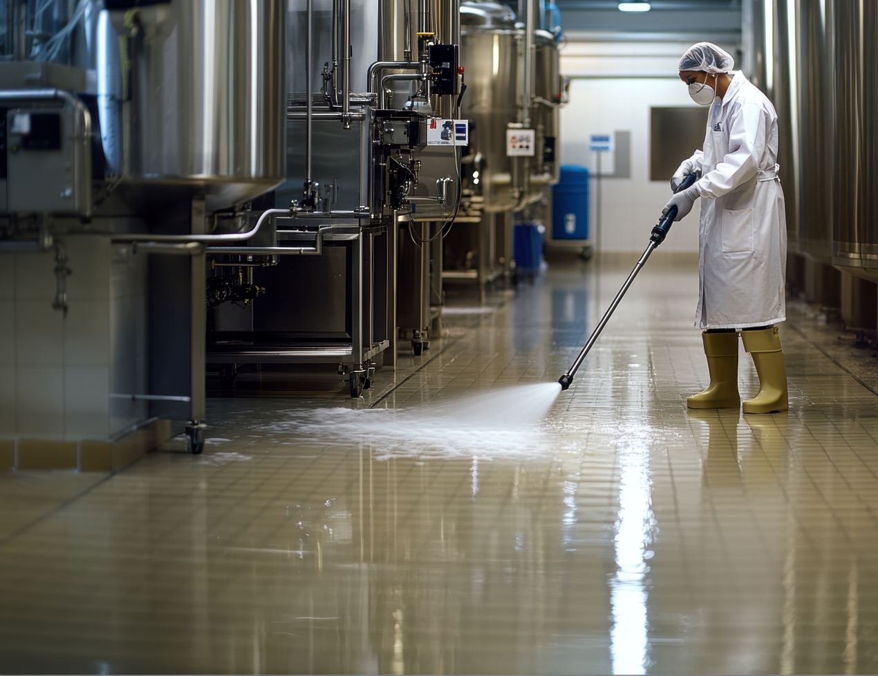 Reinigung einer Produktionsfläche im Reinraum der Lebensmittelindustrie mit einem Hochdruckreiniger