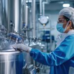 Mitarbeiter in Schutzkleidung bei der Reinraum-Reinigung in einer mikroelektronischen Produktionsanlage