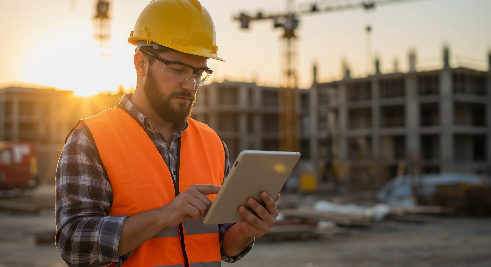 Bauleiter mit Tablet auf Baustelle | Absperrgitter für Baustellen