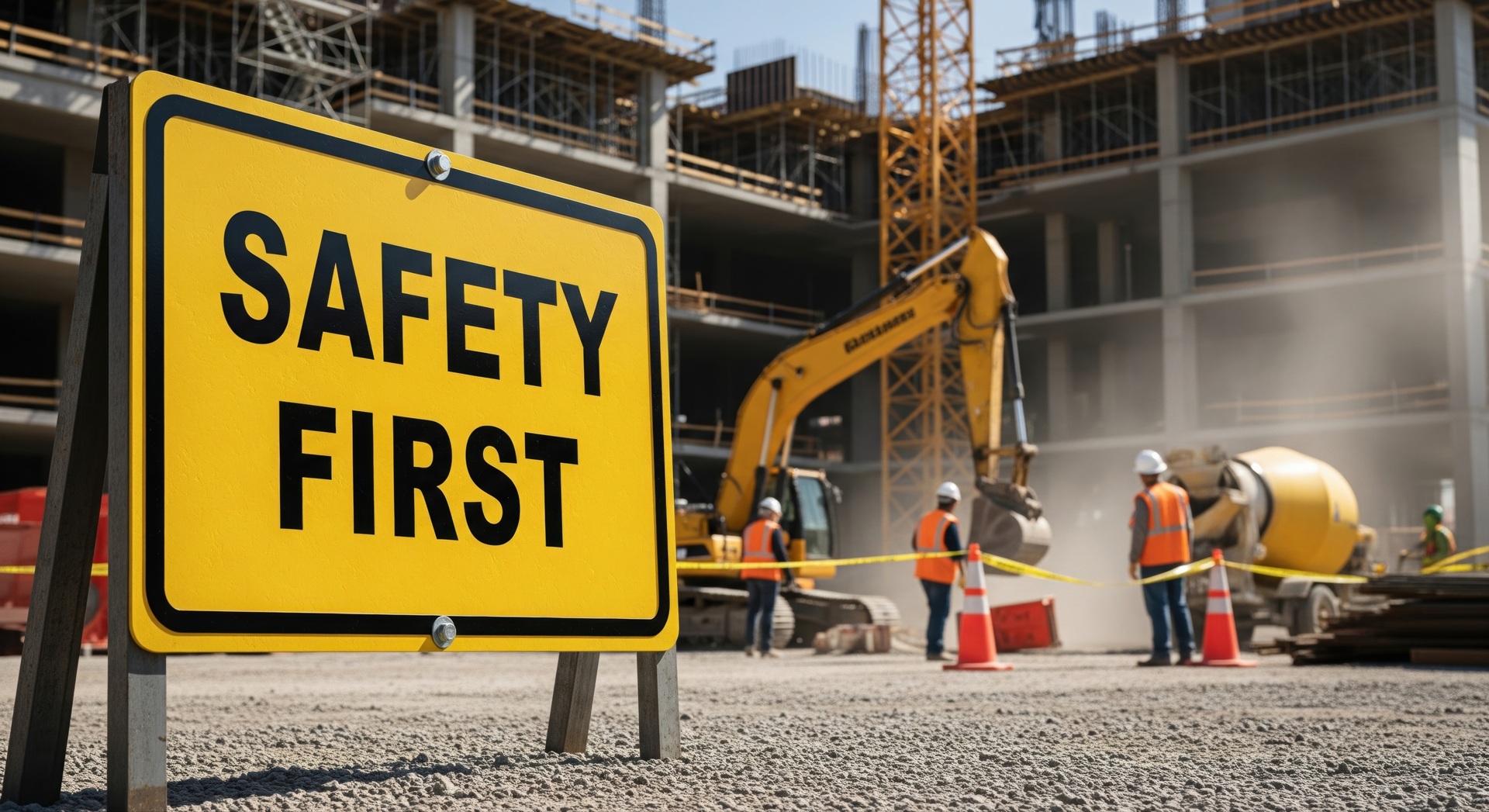 Safety-First-Schild auf Baustelle | Absperrgitter für Baustellen
