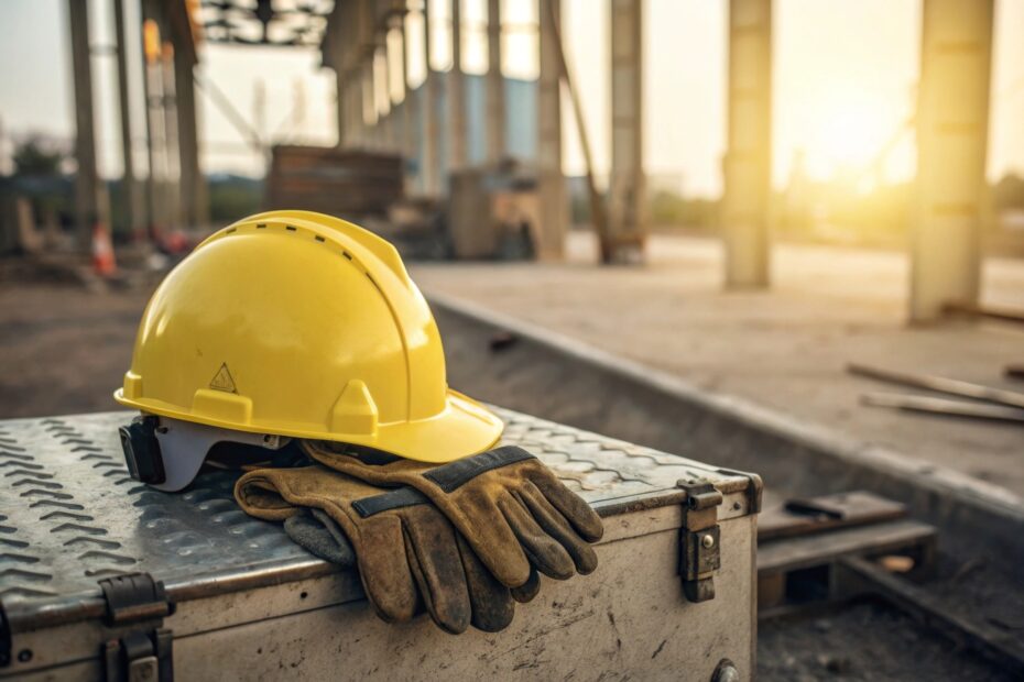 Schutzhelm und Handschuhe auf Werkzeugkiste | Absperrgitter für Baustellen